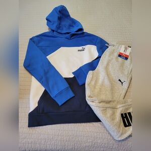 Puma Youth XL 14/16 Blue and White Hoodie Sweatshirt & Jogger Set NWT
